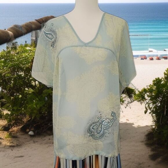 Y2K Paisley Silk Boxy Fit Blouse M Sheer Pastels Coquette Romantic Drawstring - Picture 12 of 16